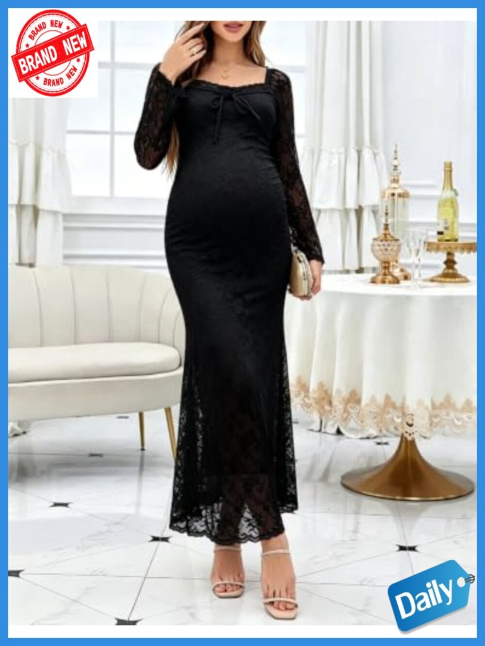 Elegant Lace Maternity Maxi Dress Square Neck Long Sleeve Bodycon Photoshoot - Picture 3 of 6